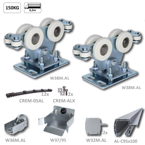 Hliníkový samonosný systém 95x100x11 mm pro posuvné brány do 150 kg / 6,5 m, průjezd (AL-C95x100-6, 2x W38M.AL, W36M.AL, 2x W32M.AL, C397G, 12x CREM-05AL, 1pár CREM-ALX)